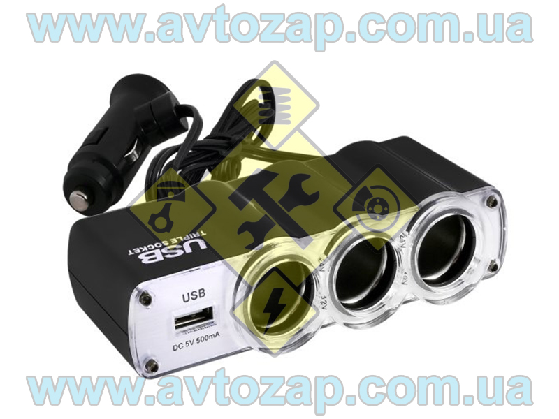 WF-0120 Разветвитель прикуривателя 12/24V 3 гнезда + 1 USB, штекер на проводе (КНР)