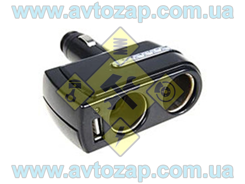 WF-201 Разветвитель прикуривателя 12/24V 2 гнезда + 1 USB, штекер жесткий (КНР)
