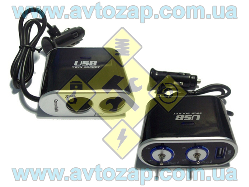 WF-0305 Разветвитель прикуривателя 12/24V 2 гнезда с тумблерами + 1 USB, штекер на проводе (КНР)