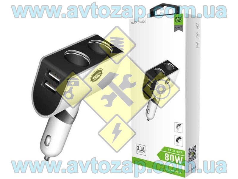 AL-5003 Разветвитель прикуривателя 12/24V 2 гнезда + 2 USB, штекер поворотный (КНР)