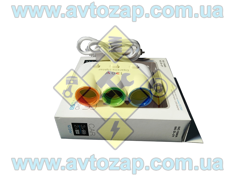 D-21 Разветвитель прикуривателя 12/24V 3 гнезда + 2 USB, штекер на проводе (КНР)